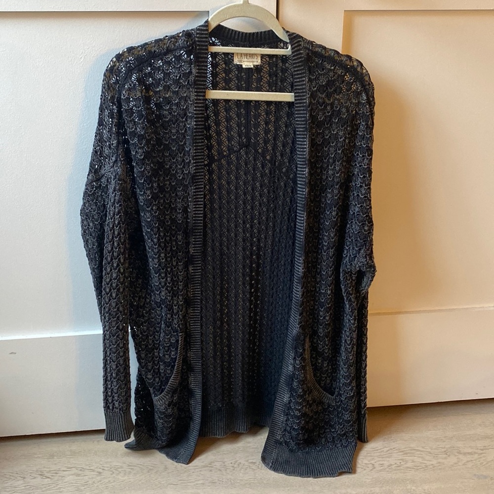 Long cardigan sweater, open weave design 100% cotton